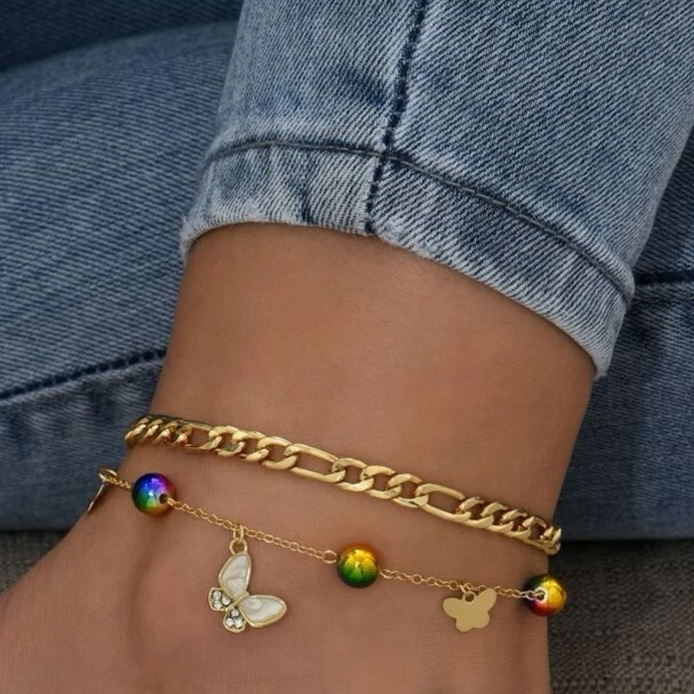 ๐ฆ Awesome Metallic Layered Anklet With Oils Slick Rainbow Balls and Butterflies